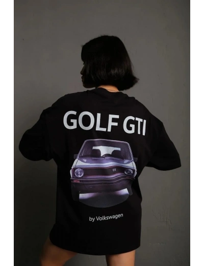 Kadın Oversize Baskılı Tişört Golf GTI Retro Araba Desenli Ön Arka Dijital Baskı - Siyah