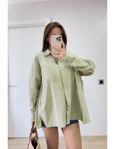 Kadın Oversize Pens Detaylı Cepli Yırtmaçlı Rahat Kalıp Poplin Gömlek - Yeşil
