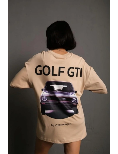 Kadın Oversize Tişört Golf GTI Retro Araba Baskılı T-shirt - Bej