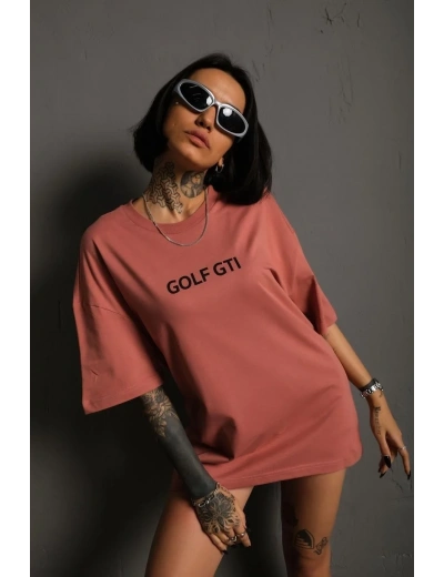 Kadın Oversize Tişört Golf GTI Retro Araba Baskılı T-shirt  - Gül Kurusu