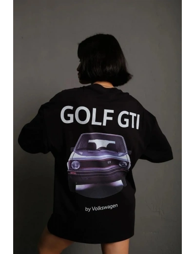 Kadın Oversize Tişört Golf GTI Retro Araba Baskılı T-shirt- Siyah
