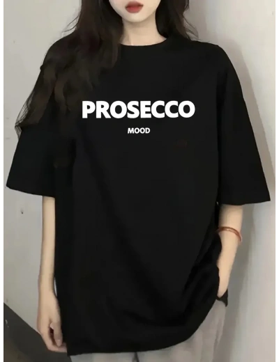 Kadın Kısa Kol Yazlık Tişört Bisiklet Yaka Baskılı Oversize T-Shirt - Siyah