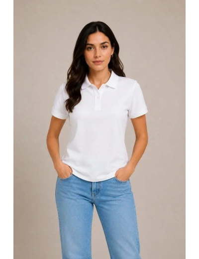 Kadın Polo Yaka Pike Kumaş Düğmeli Basic Tişört Günlük Rahat - Beyaz