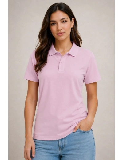 Kadın Polo Yaka Pike Kumaş Düğmeli Basic Tişört Günlük Rahat - Pembe