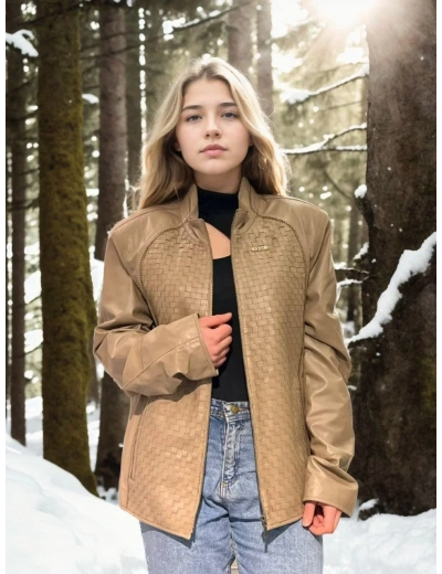 Kadın Premium Doğal Fileli Deri Ceket - Krem