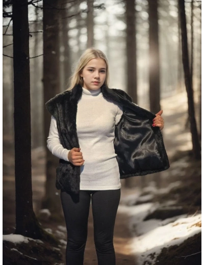 Kadın Premium Doğal Kolsuz Kürk - Siyah