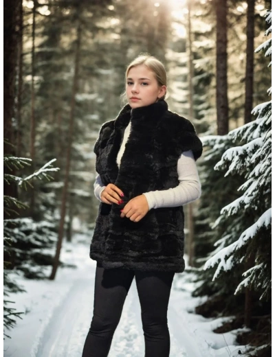 Kadın Premium Doğal Kolsuz Kürk - Siyah