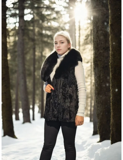 Kadın Premium Doğal Kolsuz Kürk - Siyah