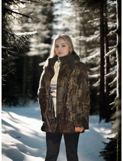 Kadın Premium Doğal Kürk Deri Ceket - Leopar