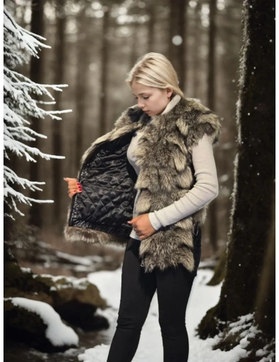 Kadın Premium Doğal Kürk Kolsuz Deri - Siyah