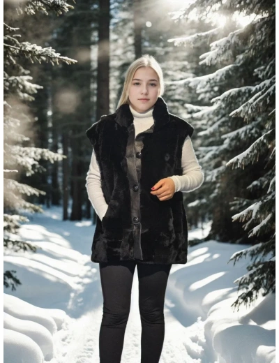 Kadın Premium Doğal Kürk Kolsuz Yelek - Siyah