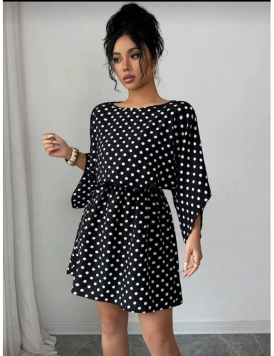 Kadın Puantiyeli örme Krep Mini Elbise (kemersiz)