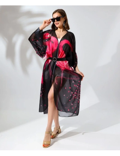 Kadın Rahat Kesim Şifon Kimono - Siyah