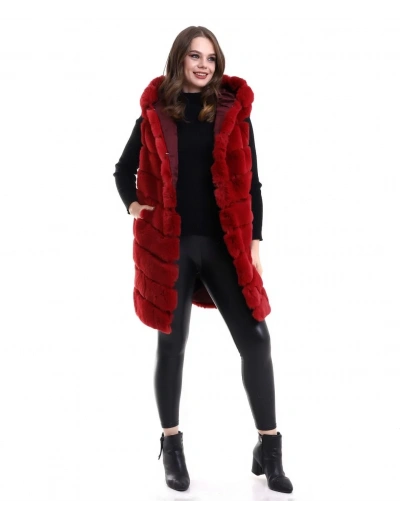 Kadın Reks Kapüşonlu Yelek - Kırmızı