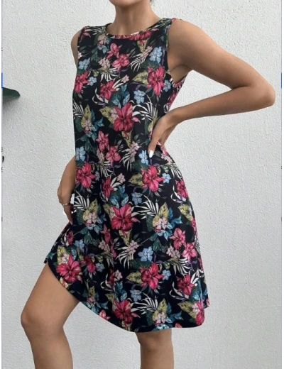 Kadın Renkli çiçek Baskılı Süprem Elbise