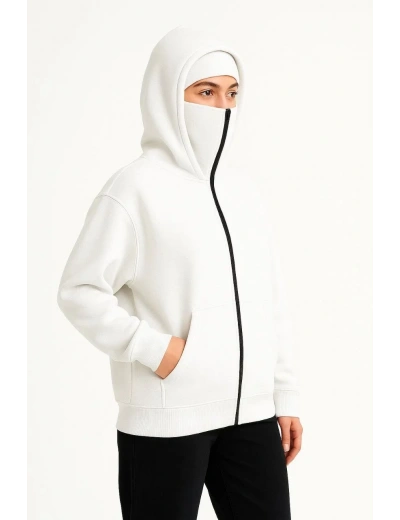 Kadın Samuray Ninja Çift Kapüşonlu Maske Detaylı 3 İplik Hoodie - Beyaz