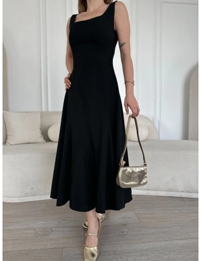 Kadın Sırt Dekolteli Kolsuz Uzun Elbise - Siyah