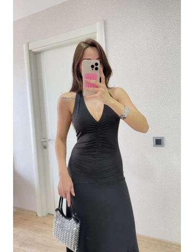 Kadın Sırt dekolteli Uzun Elbise - Siyah