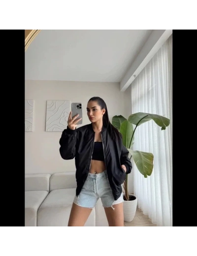 Kadın Siyah Bomber Mont Oversize Kalıp Fermuarlı Cepli  - Siyah