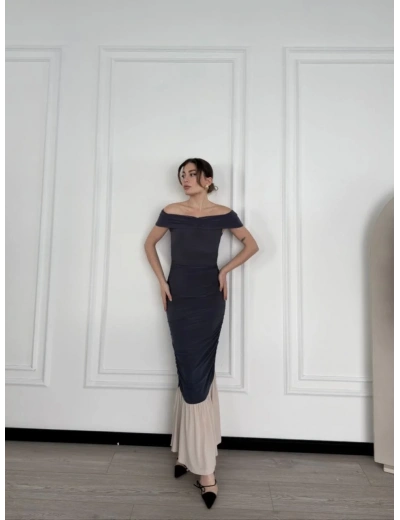 Kadın Striptiz Omuzlu Uzun Elbise- Füme