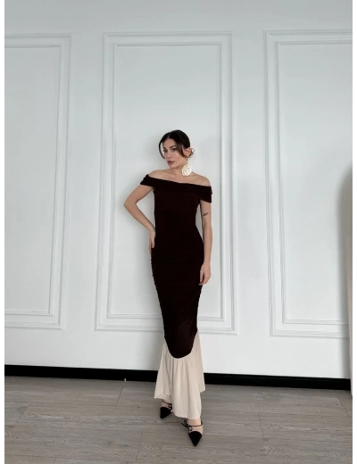 Kadın Striptiz Omuzlu Uzun Elbise - Kahve