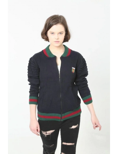 Kadın Tam Fermuarlı Triko Hırka - Lacivert