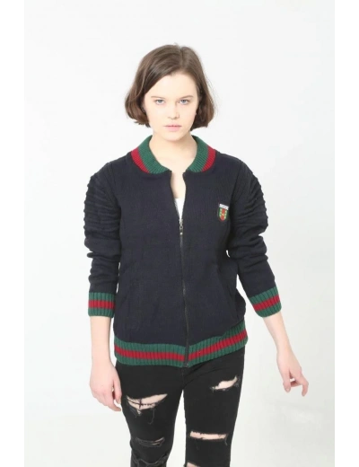 Kadın Tam Fermuarlı Triko Hırka - Lacivert