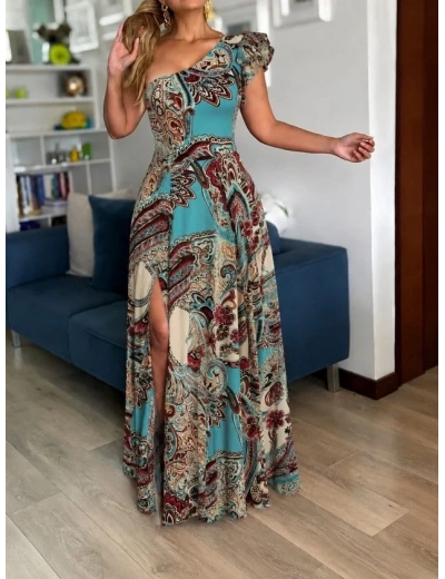 Kadın Tek Omuzlardan Açık Yırtmaçlı Uzun Desenli Elbise