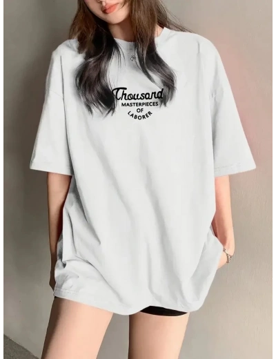 Kadın Baskılı Tişört Bisiklet yaka yazlık Kısa Kol oversize t-shirt - Beyaz