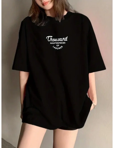 Kadın Baskılı Tişört Bisiklet yaka yazlık Kısa Kol oversize t-shirt - Siyah