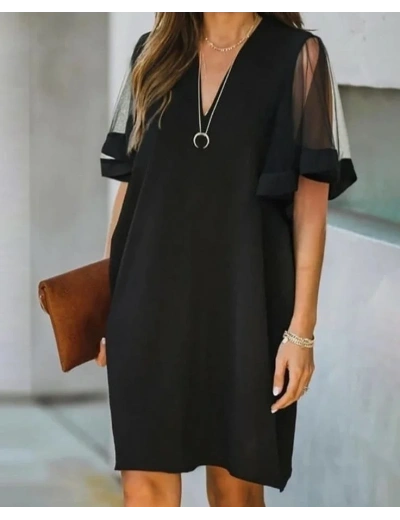 Kadın Tüllü Kısa Kollu V Yaka Krep Elbise