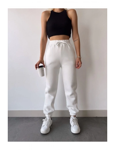 Kadın 3 iplik Pamuklu Paça Lastikli Eşofman Pantolon - Beyaz
