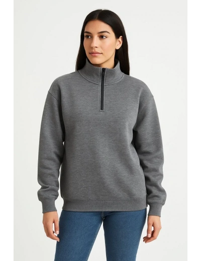 Kadın Üç İplik Dık Yaka Yarım Fermuarlı SweatShirt - Antrasit