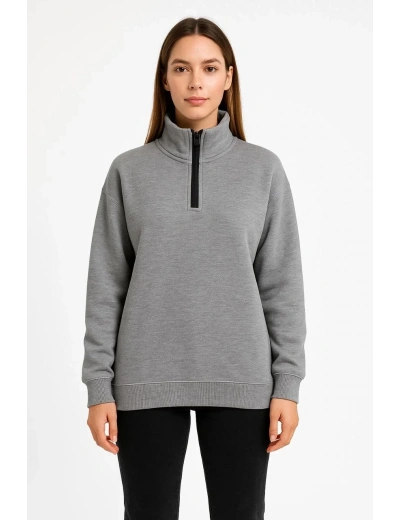 Kadın 3 İplik Pamuklu Dık Yaka Yarım Fermuarlı SweatShirt - Gri