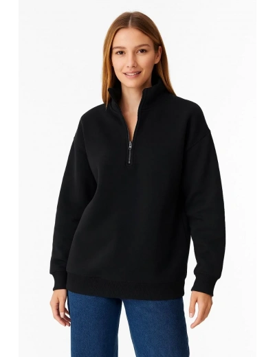 Kadın 3 İplik Pamuklu Dık Yaka Yarım Fermuarlı SweatShirt - Siyah