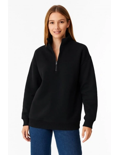 Kadın Üç İplik Dık Yaka Yarım Fermuarlı SweatShirt - Siyah