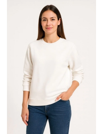 Kadın 3 İplik Pamuklu Düz Bisiklet Yaka SweatShirt - Beyaz