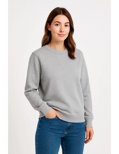 Kadın 3 İplik Pamuklu Düz Bisiklet Yaka SweatShirt - Gri