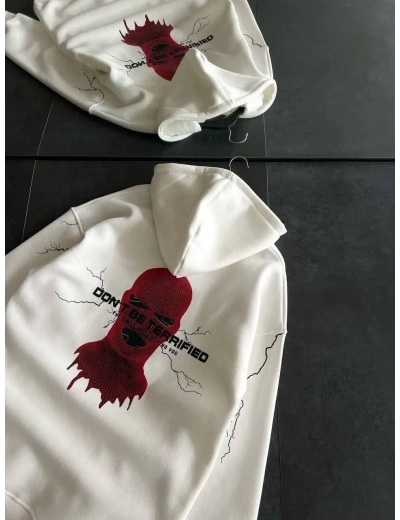 Kadın Kapüşonlu Kanguru Cepli Sweatshirt 3 İplik Pamuklu Baskılı Hoodie - Beyaz