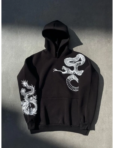 Kadın Oversize Kapüşonlu Cepli Baskılı 3 İplik Pamuklu Hoodie Sweatshirt - Siyah