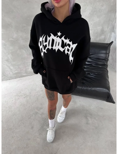 Kadın Oversize Kapüşonlu Cepli Baskılı 3 İplik Pamuklu Hoodie Sweatshirt - Siyah