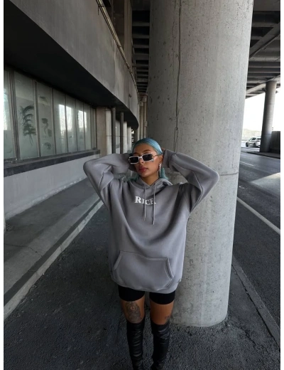 Kadın Kapüşonlu Kanguru Cepli Sweatshirt 3 İplik Pamuklu Baskılı Hoodie - Gri