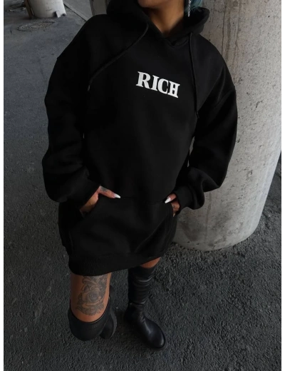 Kadın Kapüşonlu Kanguru Cepli Sweatshirt 3 İplik Pamuklu Baskılı Hoodie - Siyah