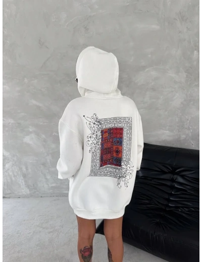 Kadın Kapüşonlu Kanguru Cepli Sweatshirt 3 İplik Pamuklu Baskılı Hoodie - Beyaz