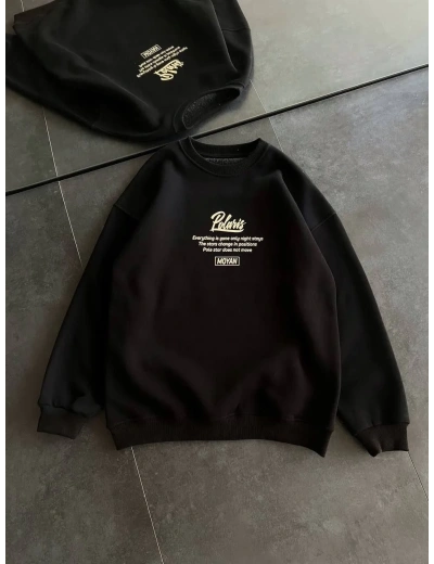 Kadın 3 iplik Pamuklu Bisiklet Yaka Baskılı SweatShirt - Siyah