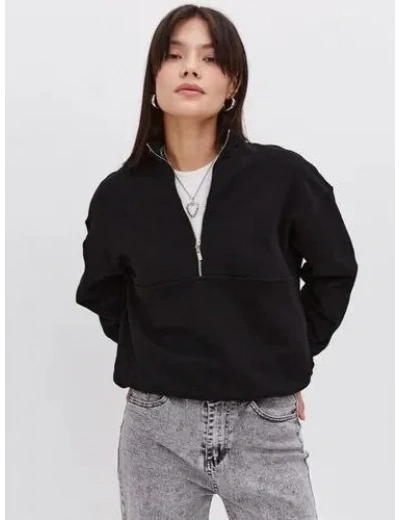Kadın 3 İplik Pamuklu Oversize Yarım Fermuarlı Yakalı Basic Sweatshirt - Siyah