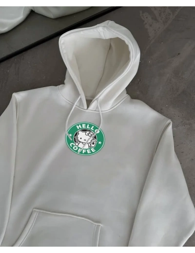 Kadın Oversize Kapüşonlu Kanguru Cepli Baskılı 3 İplik Pamuklu Sweatshirt Hoodie -   Beyaz