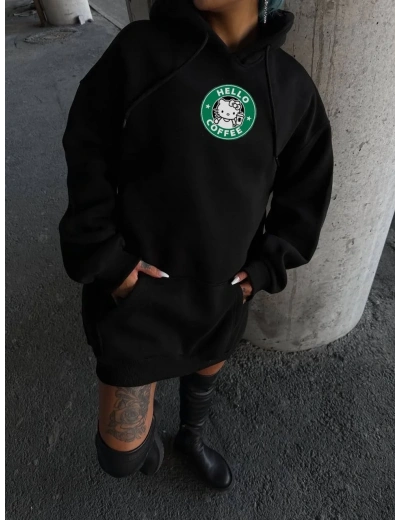 Kadın Oversize Kapüşonlu Kanguru Cepli Baskılı 3 İplik Pamuklu Sweatshirt Hoodie -   Siyah