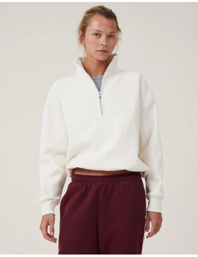 Kadın 3 İplik Pamuklu Oversize Yarım Fermuarlı Yakalı Basic Sweatshirt - Beyaz