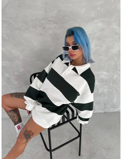 Kadın 3 iplik Pamuklu Parçalı Yakalı SweatShirt - Yeşil